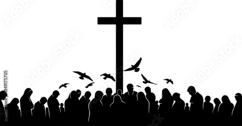 Crucifixion of Jesus Christ with Crosses and Sacred Doves Silhouette
