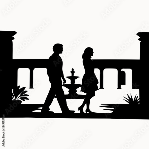 Romantic couple walking near fountain in garden with arches silhouette