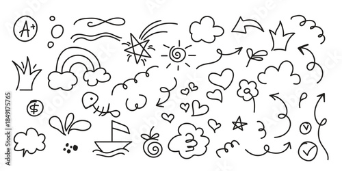Line cute element set. Hand-drawn sketch doodle style arrow, cloud, star with marker stroke pencil highlight. Doodle sketch heart, star, cloud cartoon sticker shapes