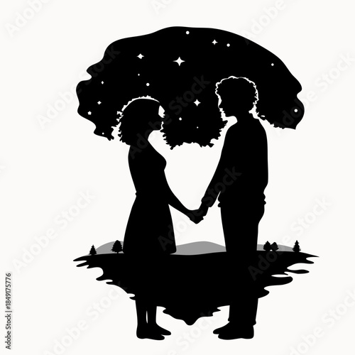 Romantic silhouette of a couple holding hands under a starry night sky with a scenic landscape