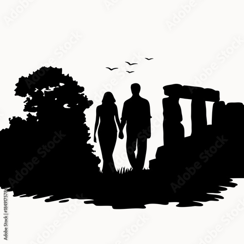 Romantic silhouette of a couple walking hand in hand near stonehenge at sunset with birds flying overhead and trees