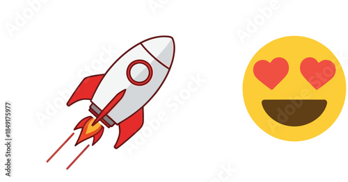 A rocket ship and a smiling face with heart eyes emojis