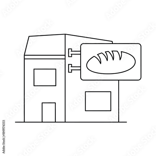 Black and white line drawing of a bakery shop with a bread sign on the front isolated on white background, Vector, illustration