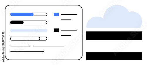 Dashboard with progress bars, checklists, and cloud icon representing data storage, management, and sharing. Ideal for technology, productivity, cloud computing, storage task management data