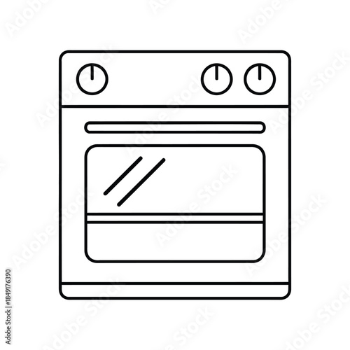 A simple black outline icon illustrating a standard kitchen oven appliance with controls and a window isolated on white background, Vector, illustration