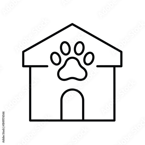 Minimalist outline icon of a doghouse featuring a prominent paw print on its front wall isolated on white background, Vector, illustration