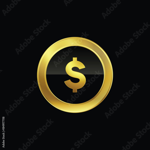 shiny and golden dollar coin symbol on dark background