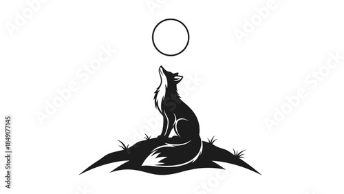 Silhouette of a howling wolf sitting on a hill beneath a full moon in a minimalist style
