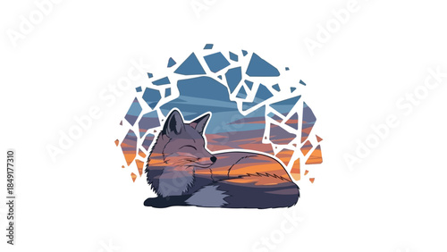 Stylized fox silhouette resting with a vibrant sunset backdrop surrounded by abstract geometric