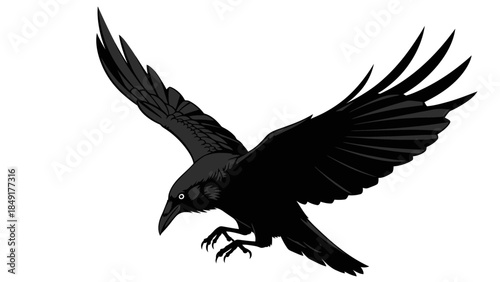 Dynamic Illustration of a Black Raven in Mid-Flight with Outstretched Wings and Sharp Talons