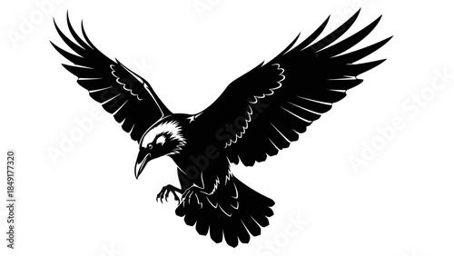 Dynamic and Elegant Black and White Illustration of a Bird in Flight with Outstretched Wings