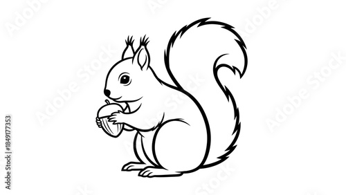 Simple Black and White Illustration of a Squirrel Holding an Acorn with a Fluffy Tail and Pointed