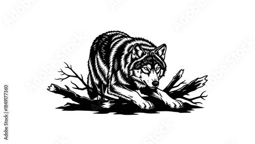 Majestic howling wolf stretched out over fallen branches in a stark wilderness scene