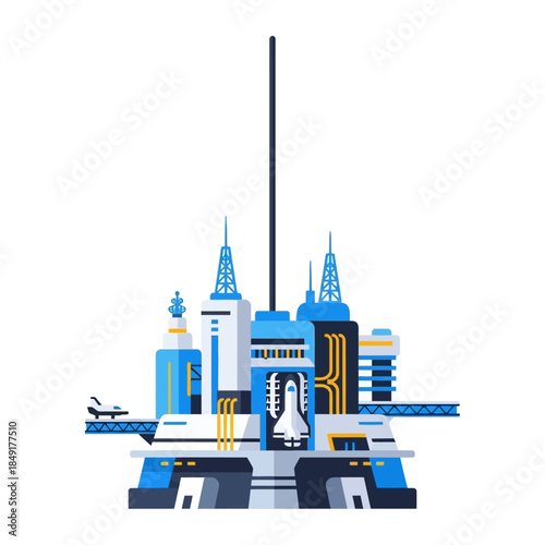 Futuristic spaceport with rocket launchpad in modern cityscape