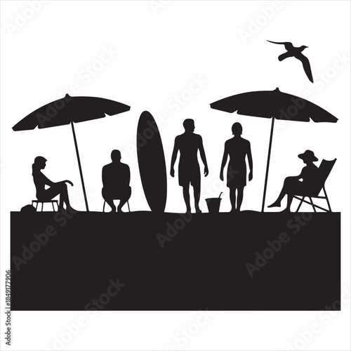 Black silhouette of people and umbrellas on a beach with a surfboard
