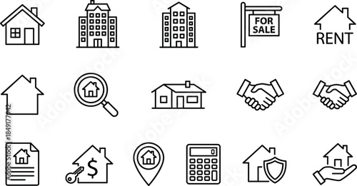 Real estate icons, housing market, rent and sale signs, property finance, home search tools, cad drawing flat vector illustration