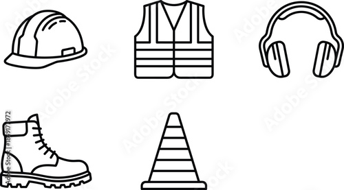 Safety equipment icons, PPE illustration, construction gear, industrial protection, line art, vector set, cad drawing flat vector illustration