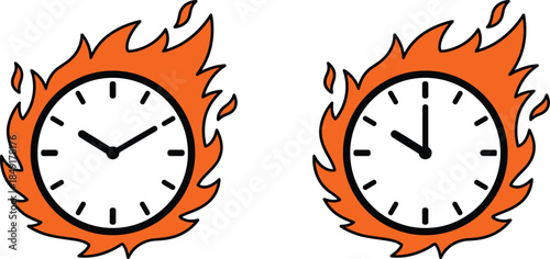 Burning clock icons, time pressure concept, deadline urgency, flaming stopwatch, vector illustration, cad drawing flat vector illustration