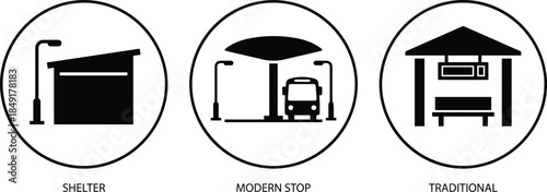 Bus stop styles comparison, shelter design, modern transit icon, traditional station, vector illustration, cad drawing flat vector illustration