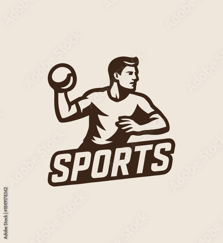 Dynamic monochrome logo of an athlete throwing a ball for sports.