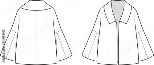 Minimal cape coat technical fashion illustration front and back view structured collar seam detail modern outerwear vector mockup