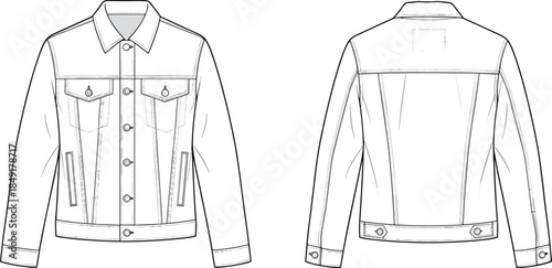 Minimal denim jacket technical fashion illustration front and back view classic buttoned trucker outerwear blank apparel vector