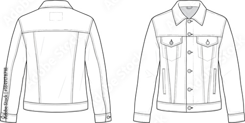 Minimal denim jacket technical fashion illustration front and back view classic trucker design detailed seams blank apparel vector