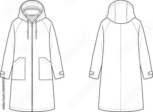 Minimal hooded coat technical fashion illustration front and back view long zip up parka blank outerwear apparel vector