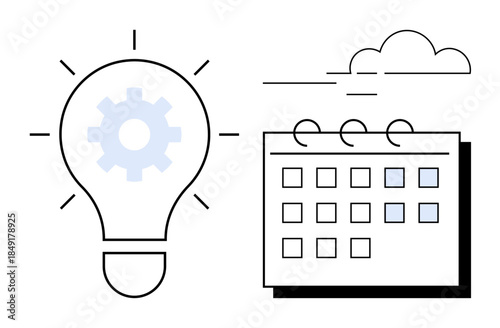 Light bulb with gear inside symbolizes innovation, paired with a calendar for planning. Clouds suggest ideas, growth, and foresight. Ideal for creativity, business, strategy, scheduling teamwork
