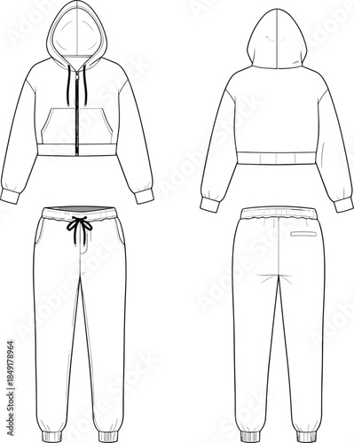 Minimal tracksuit technical fashion illustration hoodie and jogger pants front and back view blank sportswear apparel vector mockup