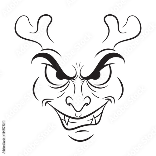 Spooky Cartoon Monster Face with Horns and Fangs Grinning Black Outline