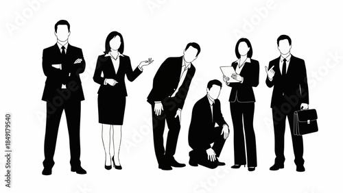 Diverse group of business professionals in various poses and actions on a white background