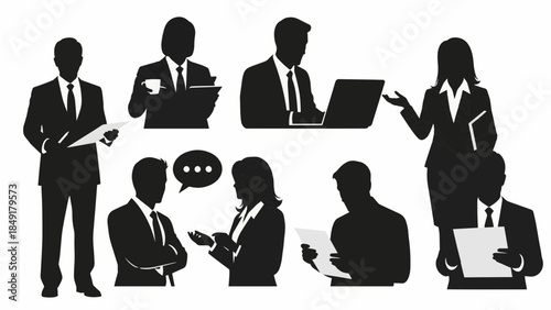 Professionals in business attire engaging with technology and communication in a modern office environment