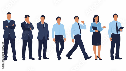 Diverse group of professionals in business attire walking and standing in a line against a white background