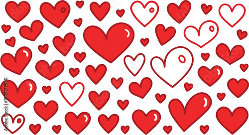 A cheerful pattern of various red hearts and outlined hearts scattered on a white background