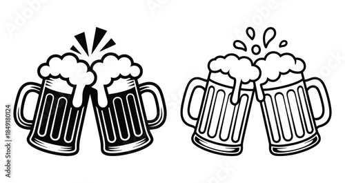 Beer Mugs Toasting, Beer mugs clinking, Vintage engraving or outline icon, Mugs overflowing with frothy beer, Cheers toast two beer mugs foamy drink celebration, friendship, and social gatherings