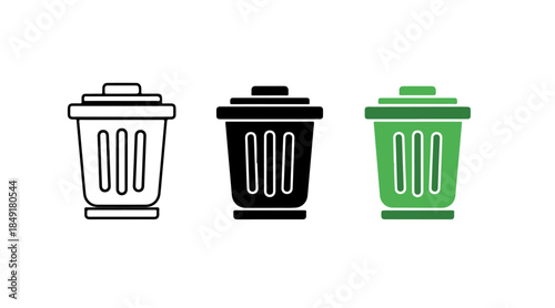 Three different colored trash bins