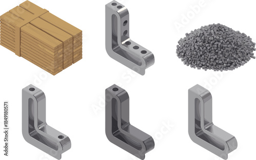 Isometric industrial hardware illustration, metal corner brackets, wooden planks bundle, steel fasteners pile, mechanical components, manufacturing construction materials design engineering