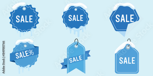 PrintSet of winter sale vector labels with snow and icicles. Blue seasonal discount tags and promotional badges for holiday shopping, winter clearance, and retail marketing on light blue background.