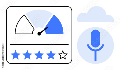 Customer reviews, feedback systems, cloud storage, voice search, satisfaction analysis, digital services. Performance dial, star rating icons cloud and microphone. Customer reviews feedback