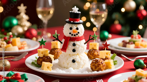 Cheese ball snowman appetizer with festive decor on a holiday table setting
