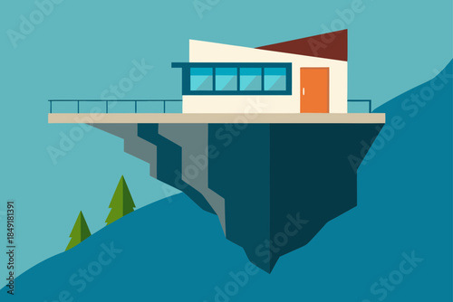 Modern Villa Integrated into a Cliffside, Flat Vector Architectural Design of a Luxury Coastal Home