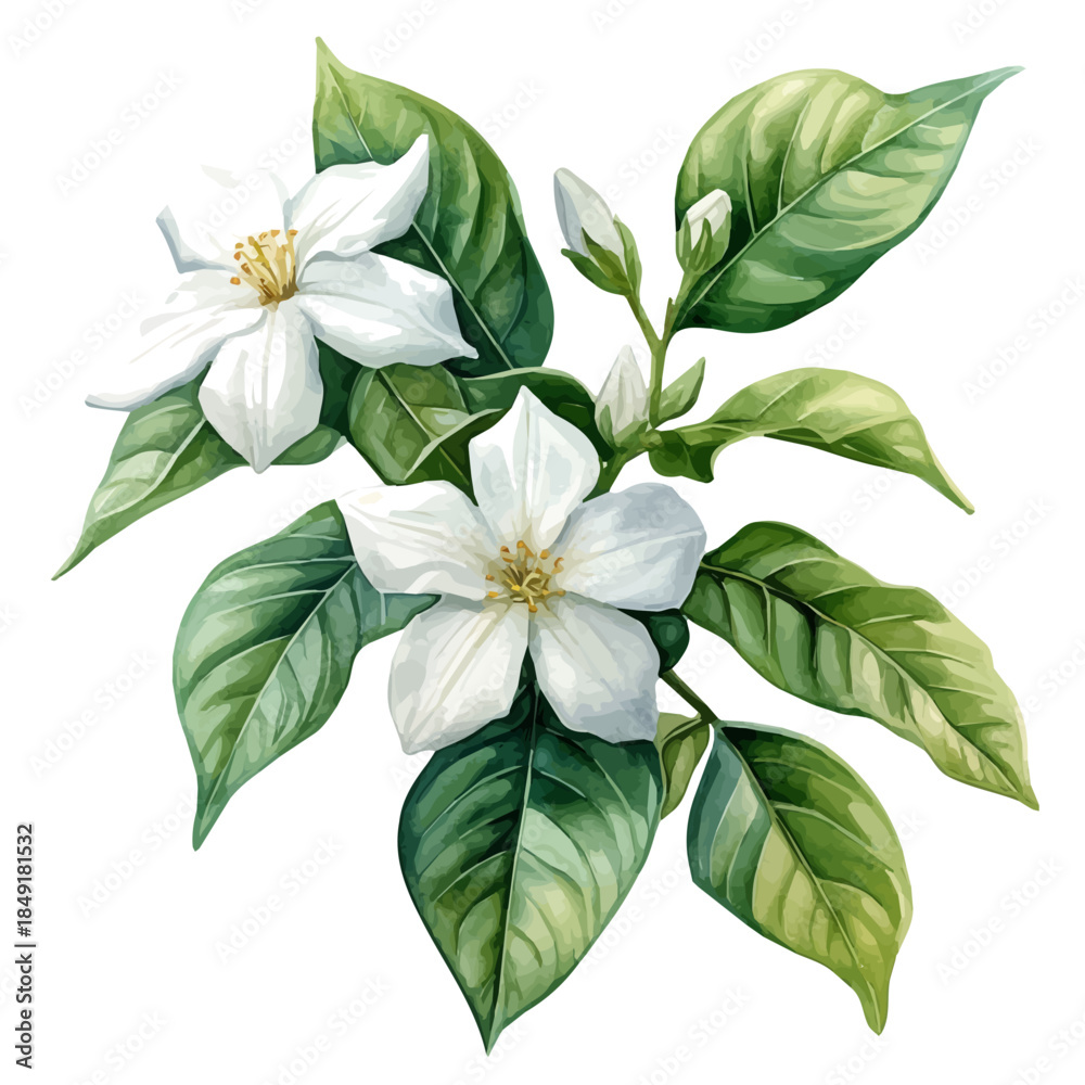 Φωτογραφία Jasmine Flower, delicate painting watercolor vector with vivid brush accents, isolated on a white background