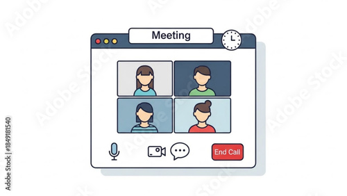 Online Meeting Four Participants on Computer Screen Interface Vector Illustration