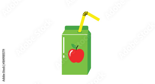 A colorful and simple flat design icon of a green juice box with a red apple logo and a bent yellow drinking straw.