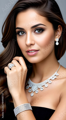 Stunning young woman adorned with sparkling necklace, elegant ring, and beautiful earrings