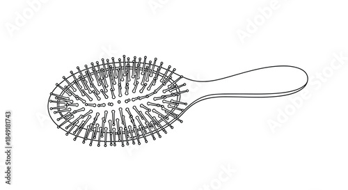 Detailed black and white line art illustration of an oval paddle hairbrush with plastic bristles, viewed from a top-down perspective.