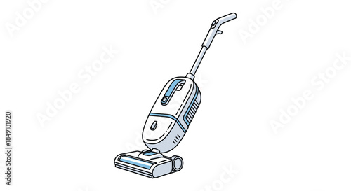 Modern upright vacuum cleaner illustrated in a clean, colored line art style, isolated on a white background for household concepts.