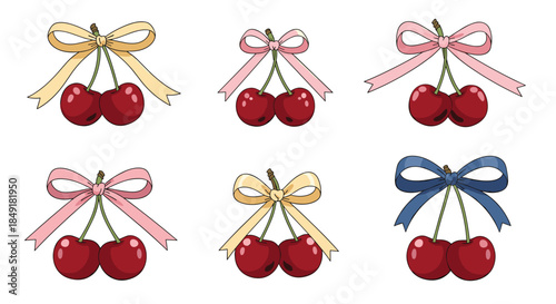 Collection of six cute illustrations of twin red cherries, each adorned with a different colored ribbon bow on the stem.