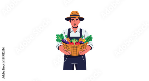 Flat cartoon illustration of a friendly male farmer wearing a hat and overalls, holding a wicker basket full of fresh vegetables.
